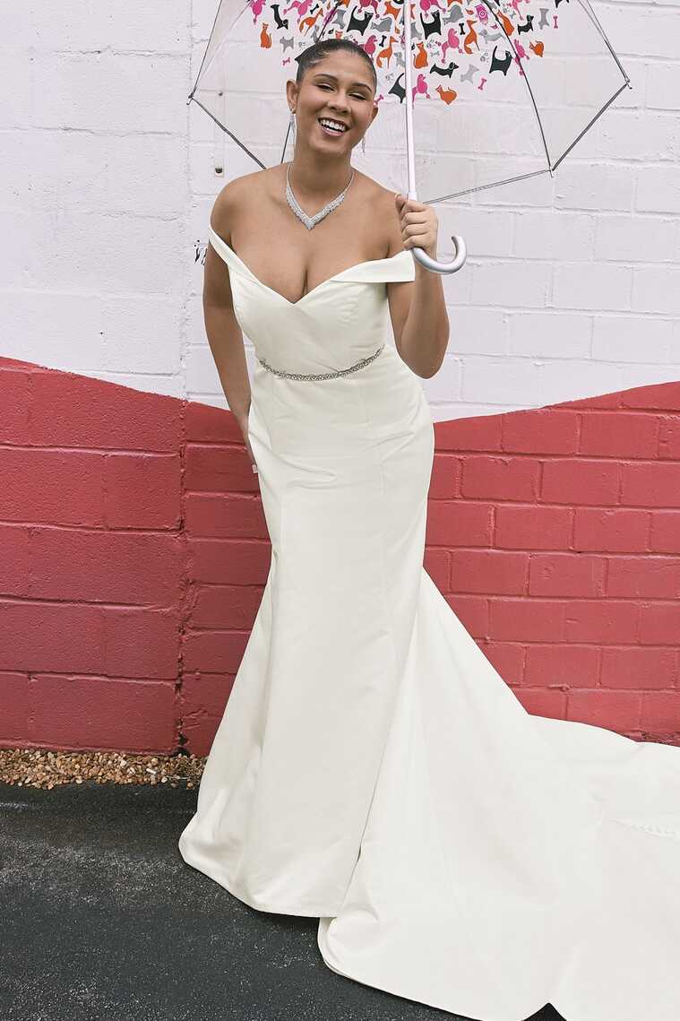 Off-Shoulder Satin Mermaid Wedding Dress | David&#39;s Bridal