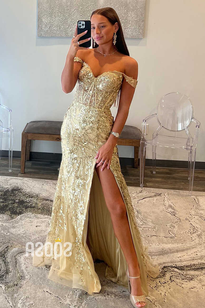 Off-Shoulder Sequin Illusion Gold Long Prom Dress With Slit ...