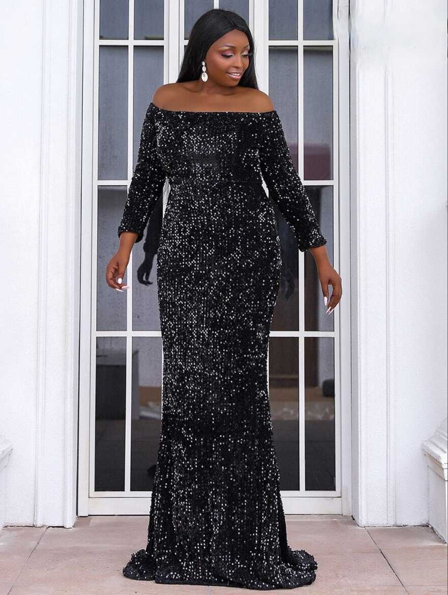 Off Shoulder Sequin Plus Size Women Dress Long Sleeve Floor Length ...