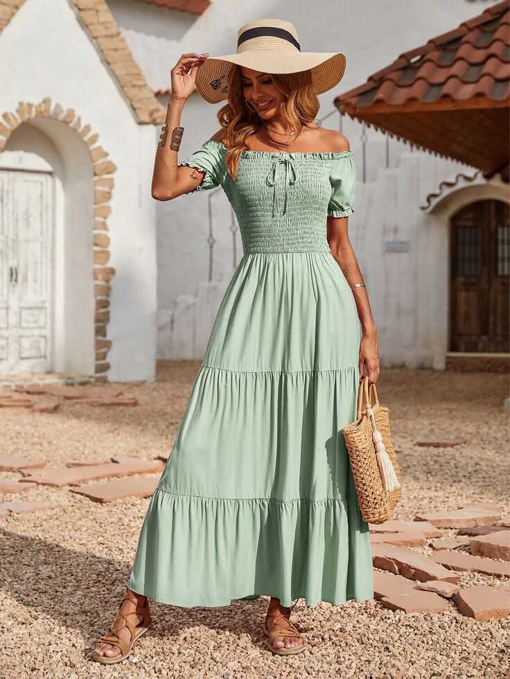 Off Shoulder Shirred Lace Up Ruffle Hem Dress