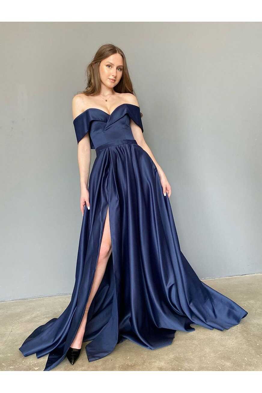 Off Shoulder Simple Satin Navy Blue Long Formal Evening Dress With ...