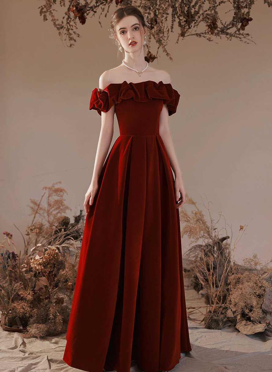 Off Shoulder Simple Velvet Long Evening Dress Prom Dress, Dark Red ...