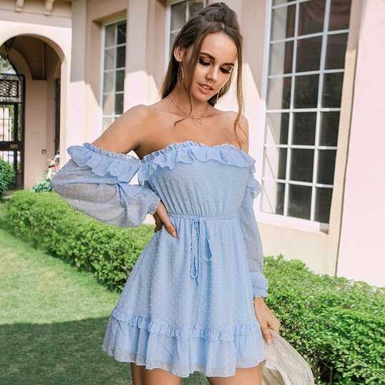 Off Shoulder Sky Blue Short Skirts, Lovely Summer Dress, Casual ...