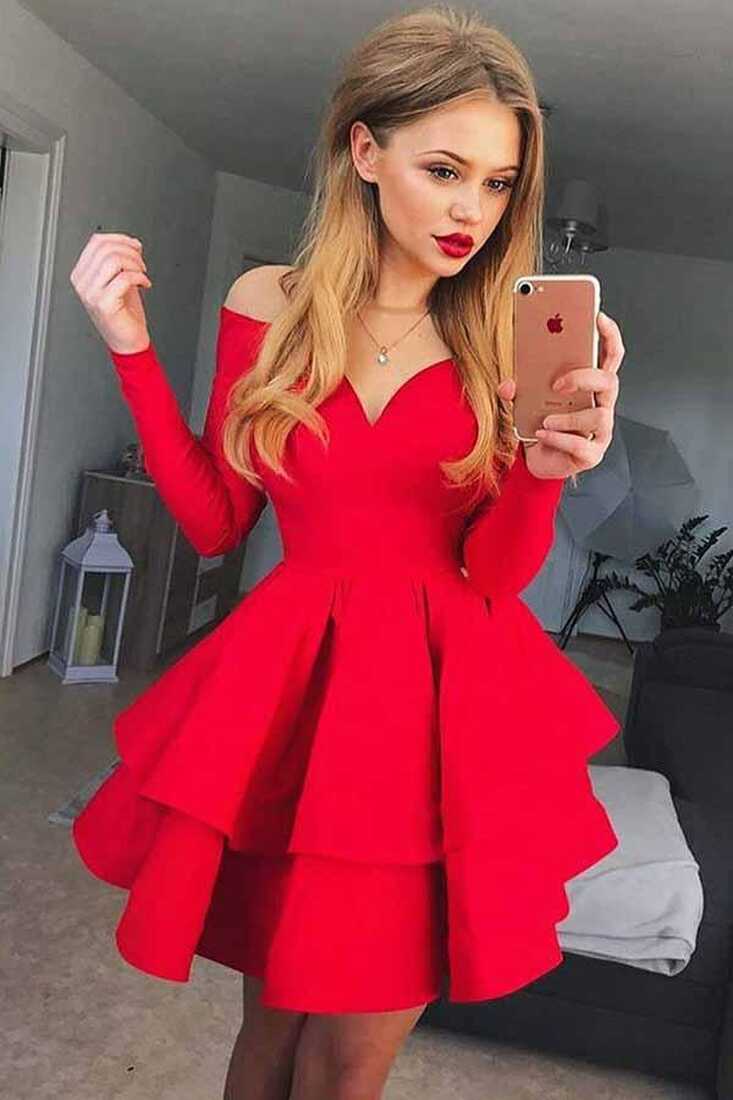 Off-Shoulder V-neck Tiered Red Long Sleeves Satin Short Prom Dress ...