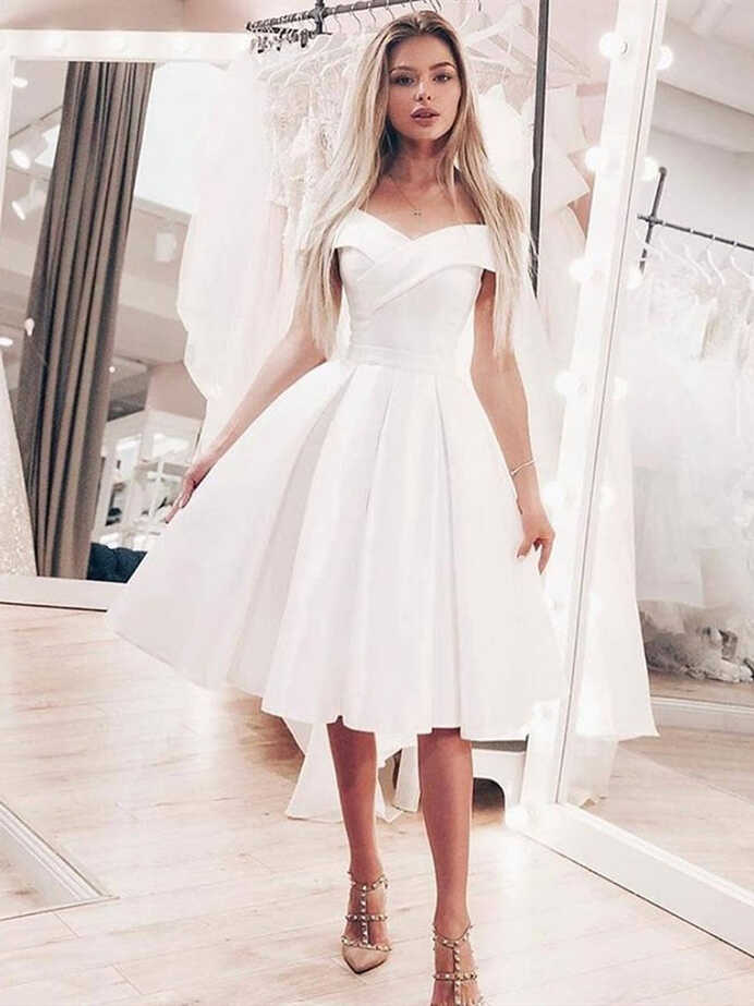 Off Shoulder White Knee Length Prom Dresses, Off the Shoulder ...