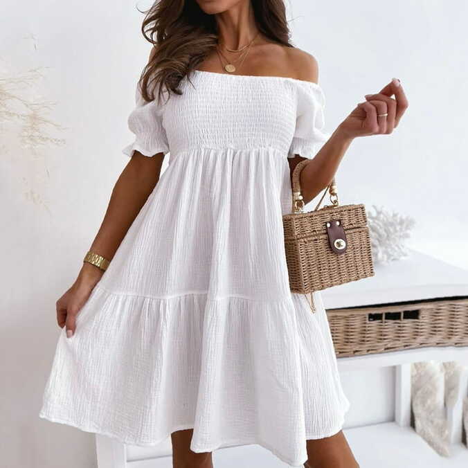 Off-Shoulder Women&#39;s Sun Dress: Short-Sleeve, Ruffle, Boho, Solid ...