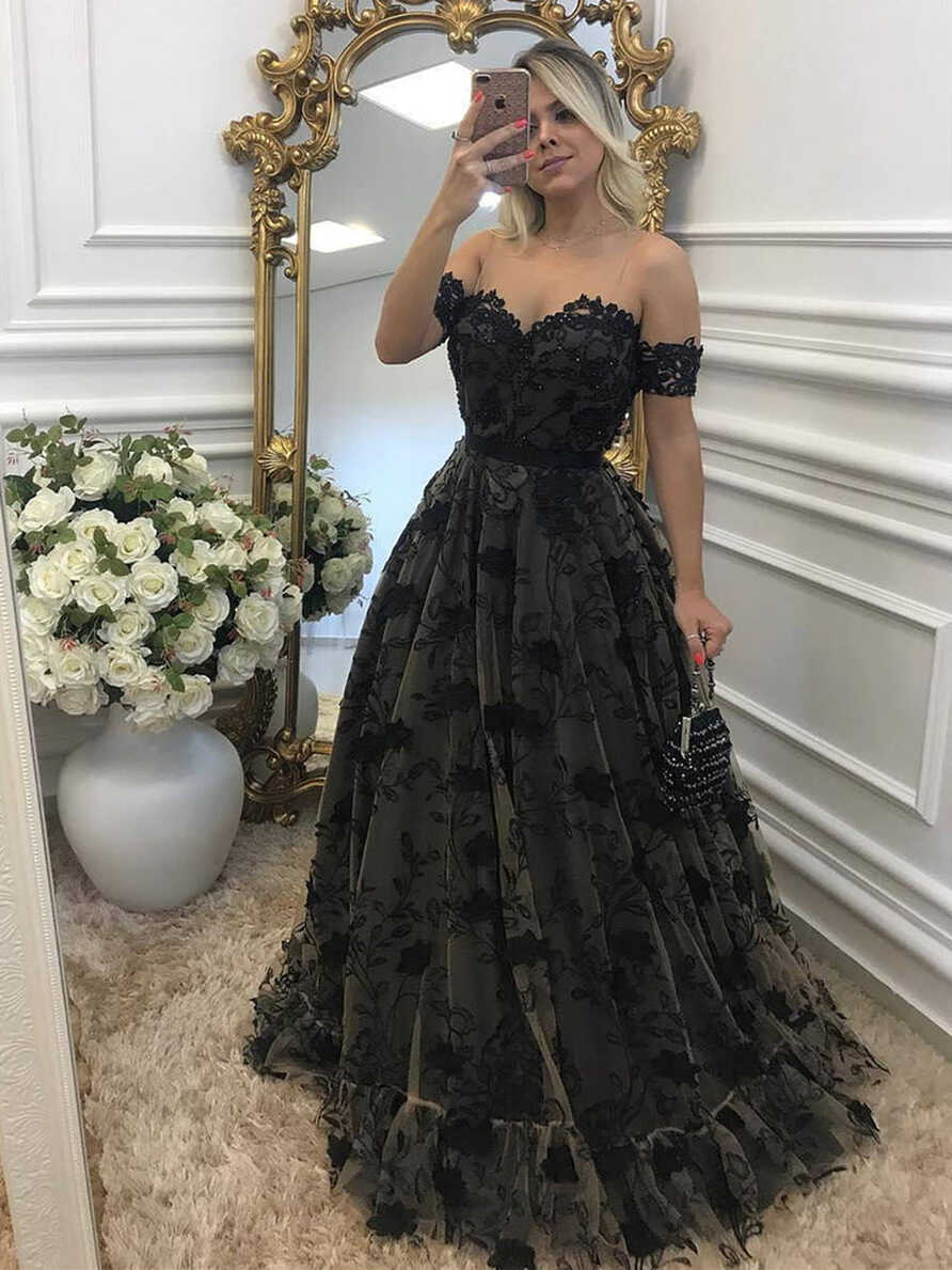 Off Shouler Black Lace Long Prom Dresses with Appliques, Off ...