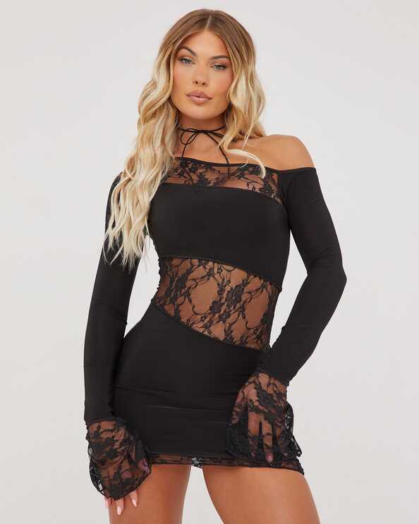 Off The Shoulder Lace Insert Detail Mini Bodycon Dress In Black | EGO