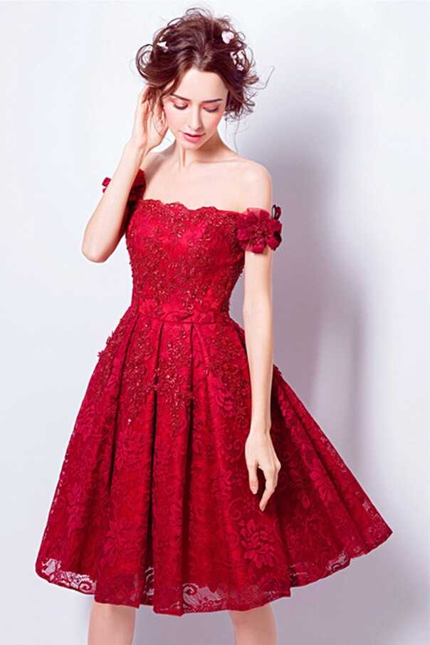 Off The Shoulder Red Short Wedding Dresses Lace Reception A Line ...