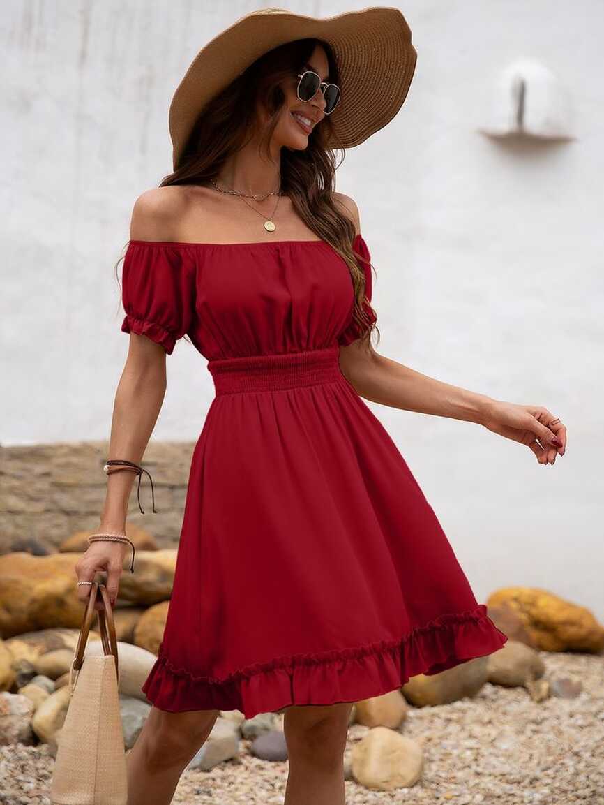 Off The Shoulder Ruffle Hem Shirred Waist Dress