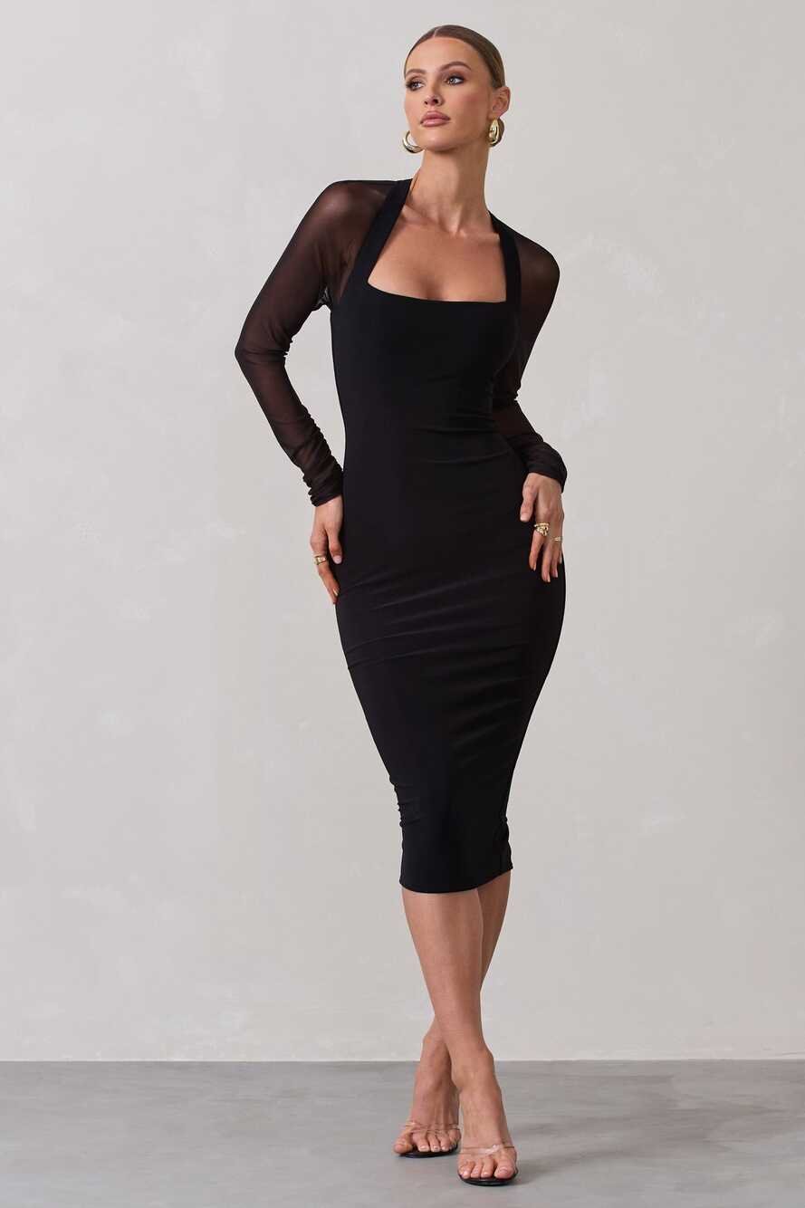 Off Track Black Bodycon Midi Dress With Sheer Sleeves – Club L ...