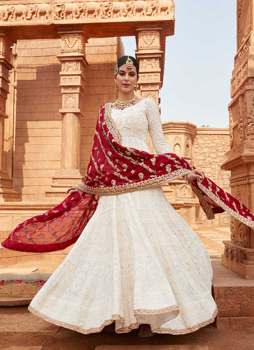 Off White Anarkali With Maroon Dupatta | Lashkaraa