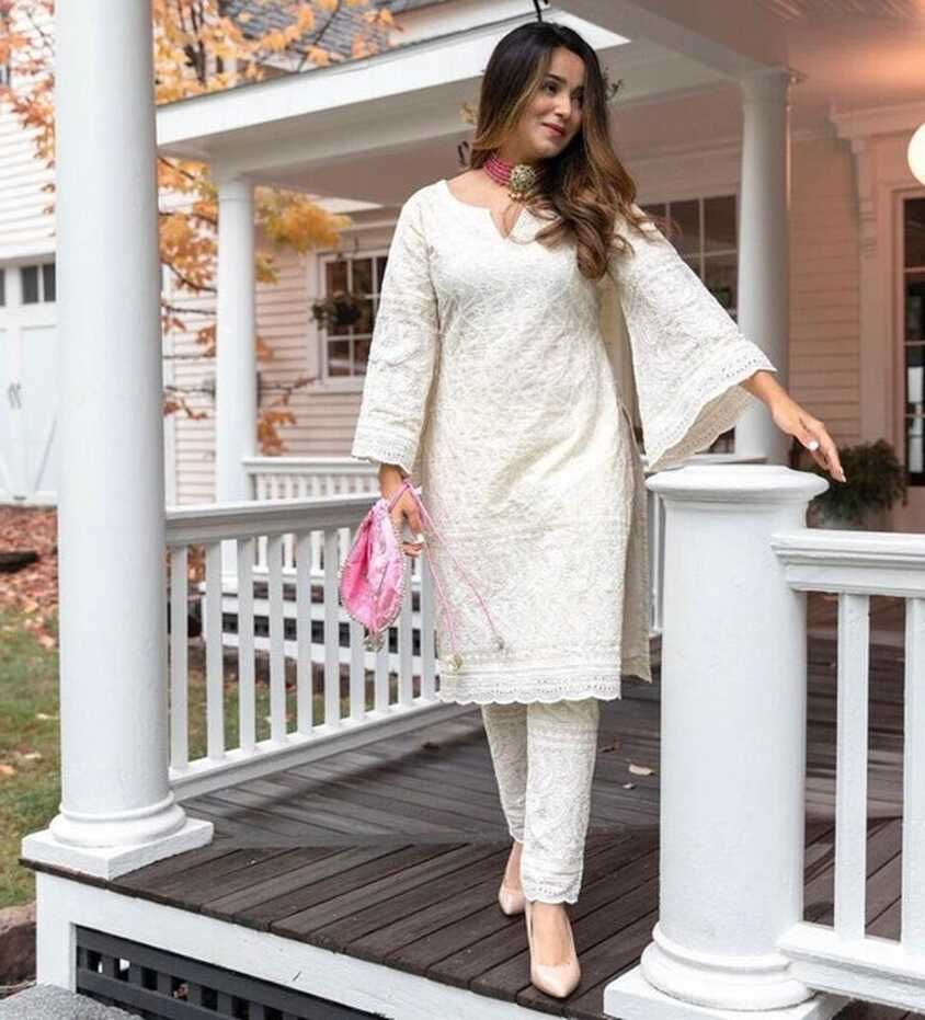 Off White Beautiful Chikankari Kurta With Pant Combo, Ethnic ...