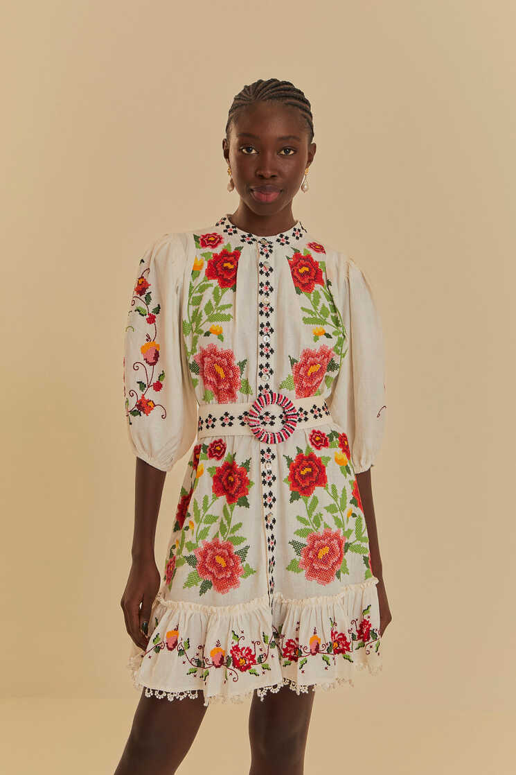 Off-White Embroidered Carmina Floral Short Sleeve Mini Dress ...