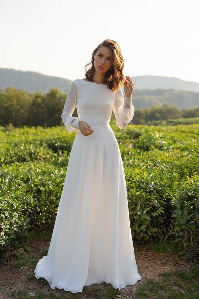 Off White Flowy Wedding Gown Dress With Embroidered Full Sleeves ...