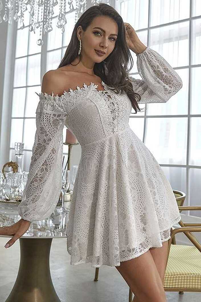 Off-White Lace Off-the-Shoulder Long Sleeve A-Line Party Dress ...