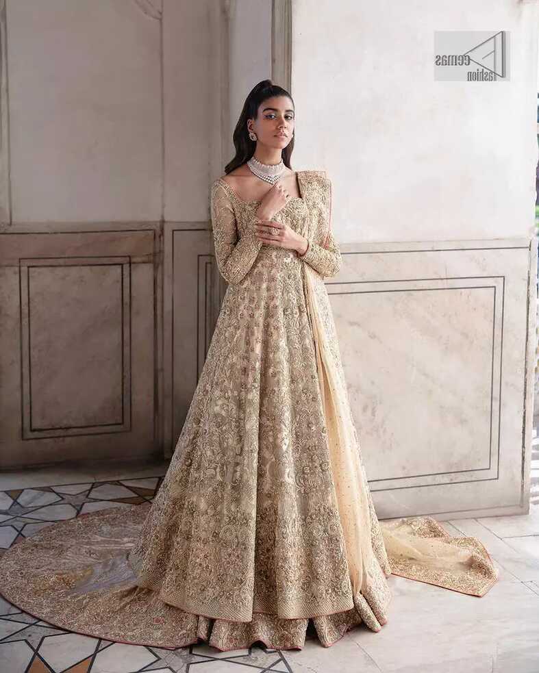 Off White Maxi - Back Train Lehenga n Dupatta For Walima Wear