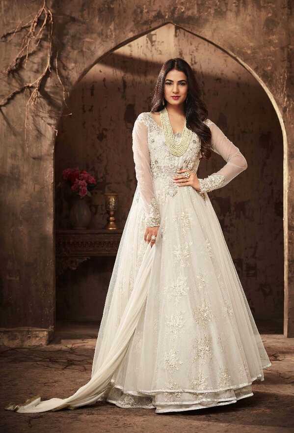 Off-White Net Party Wear Anarkali Suit