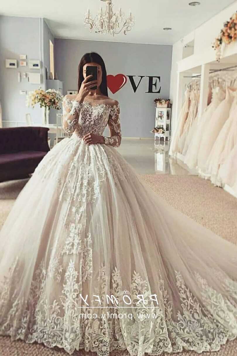 Off-shoulder Lace Long Sleeve Princess Wedding Gown - Promfy