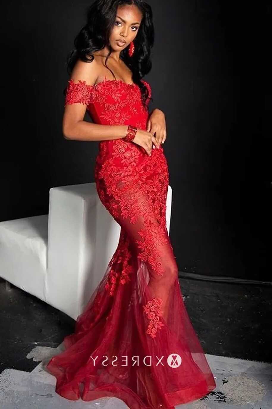 Off-shoulder Red Lace &amp; Tulle Mermaid Prom Dress - Xdressy