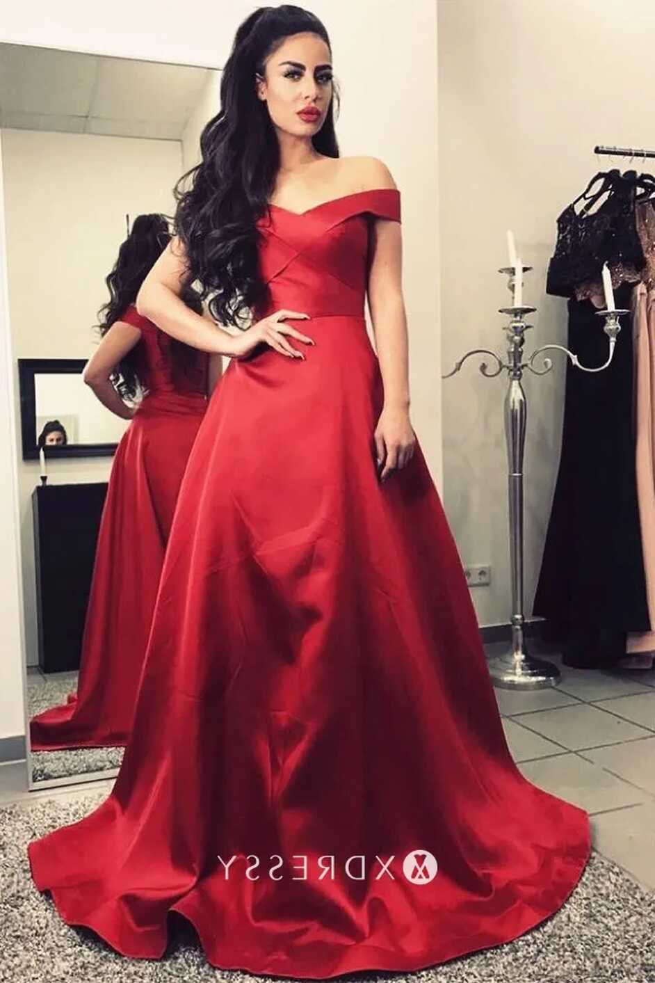 Off-shoulder Red Satin Long Ball Gown Prom Dress - Xdressy