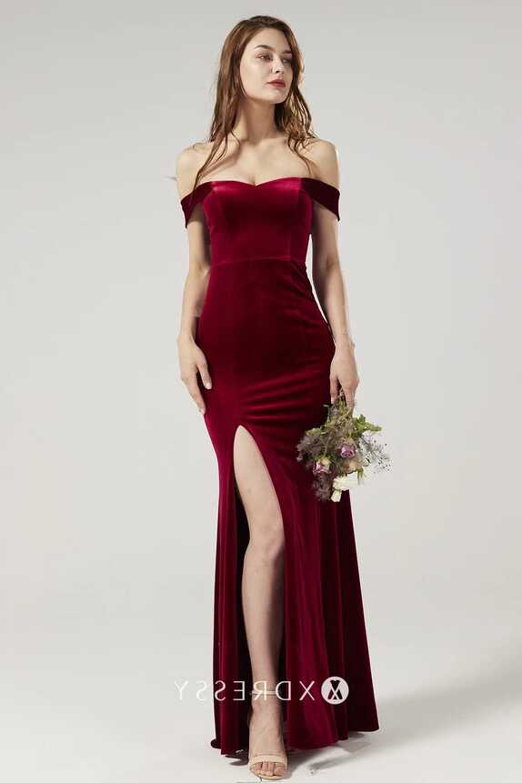 Off-shoulder Straps Slit Dark Red Bridesmaid Dress - Xdressy