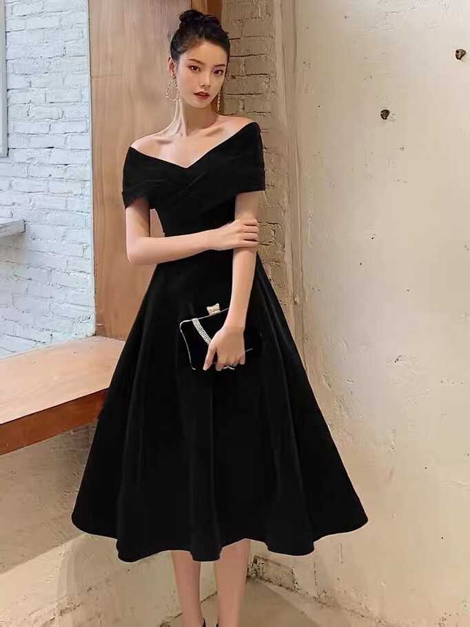 Off shoulder party dress,black evening dress,noble midi dress ...