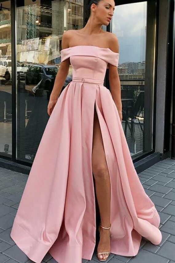 Off the Shoulder A-Line Sweep Train Split Front Pink Prom Dress ...