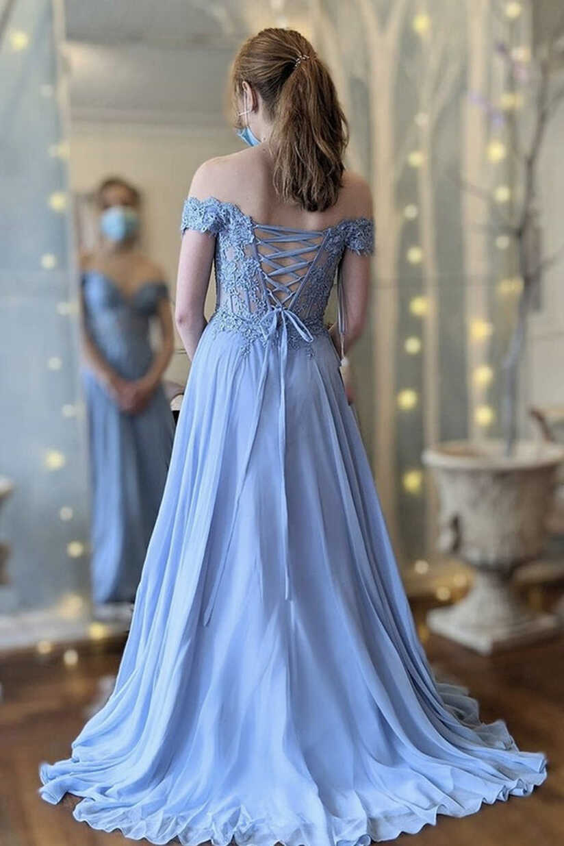 Off the Shoulder Blue Lace Long Prom Dress, Off Shoulder Blue ...