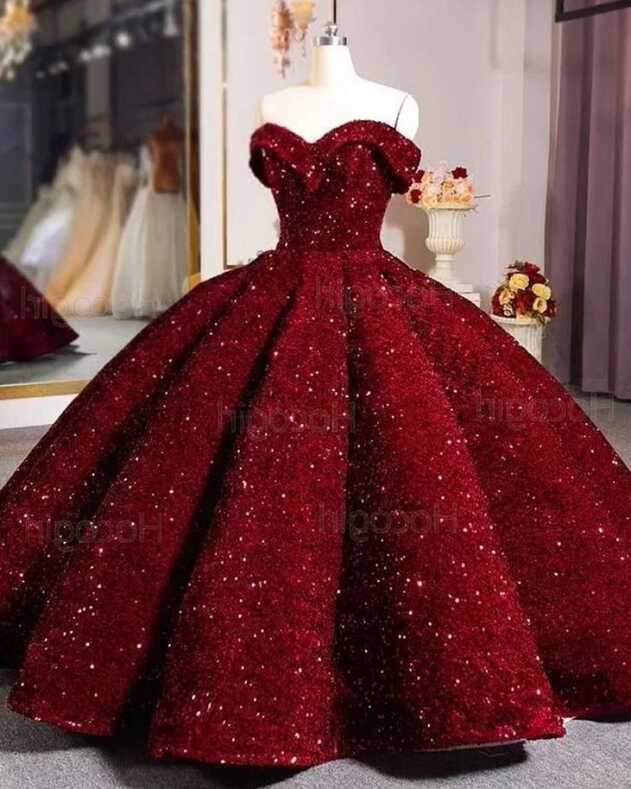 Off the Shoulder Burgundy Sequin Ball Gown Quinceanera Dress ...