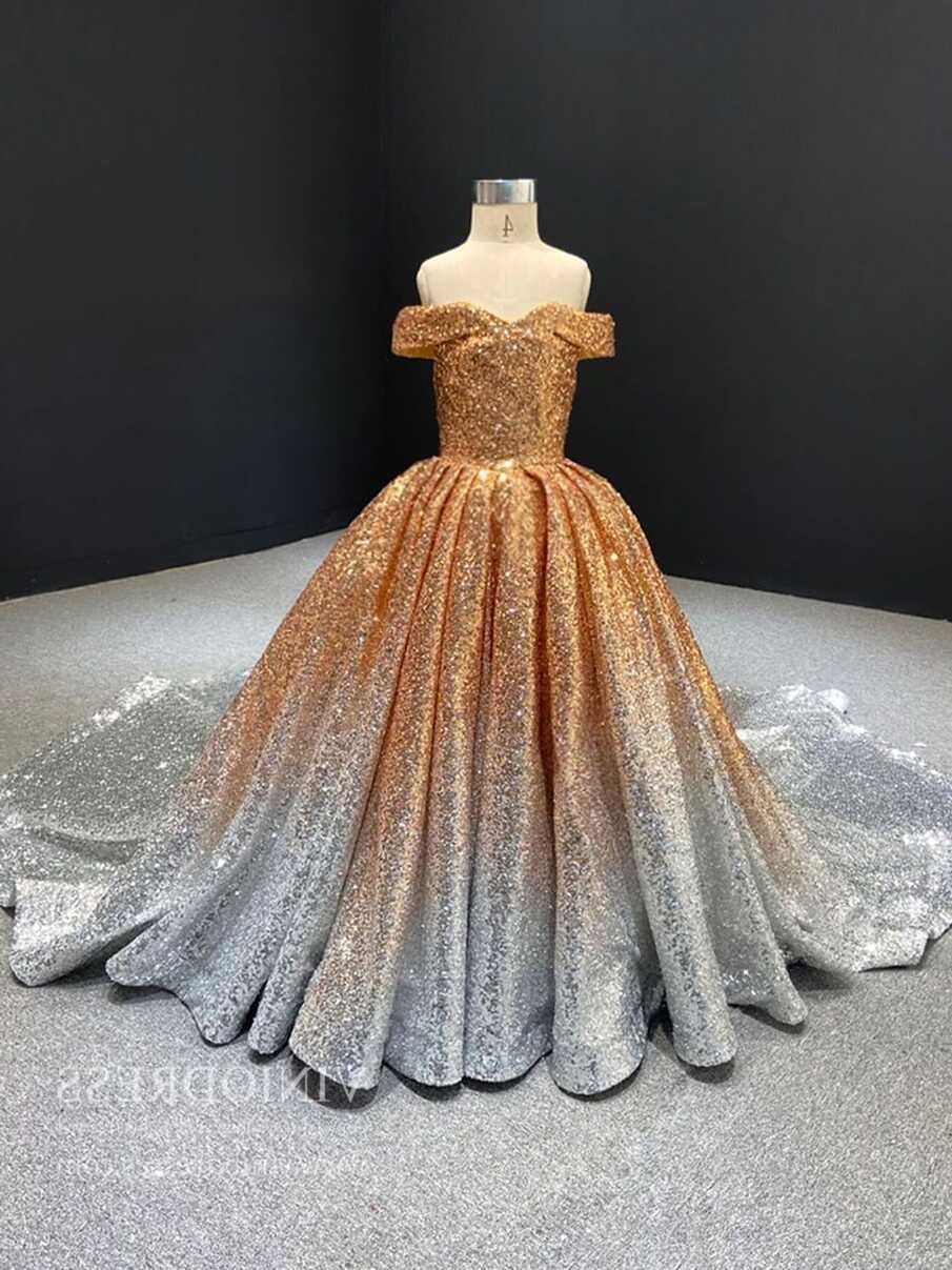 Off the Shoulder Gold Sequin Ball Gown for Child FD1959K – Viniodress