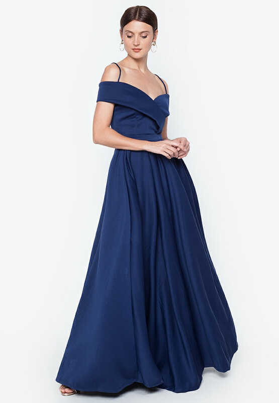 Off-the-Shoulder High-Slit Gown in Navy Blue – Heather Clothing