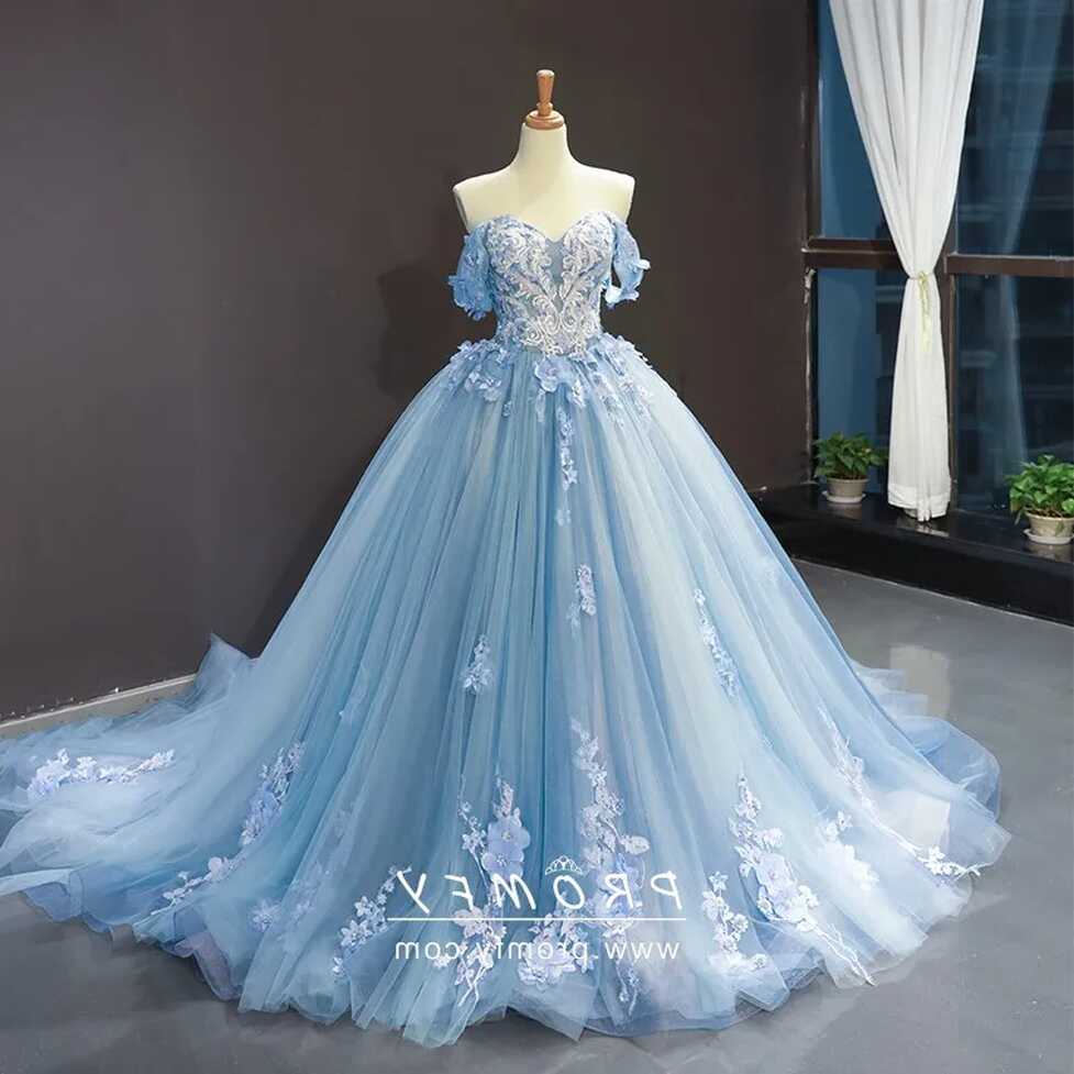 Off-the Shoulder Lace Appliqued Ice Blue Princess Gown - Promfy