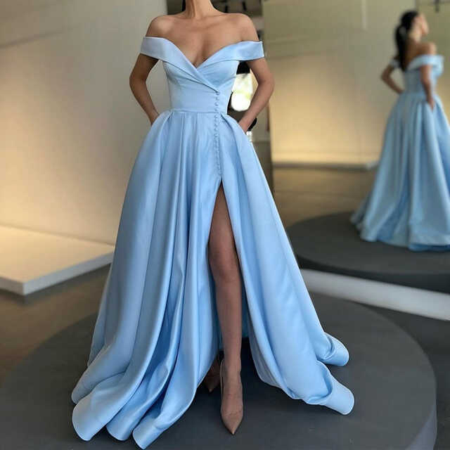 Off the Shoulder Light Blue Satin Long Prom Dresses with Slit, Off ...