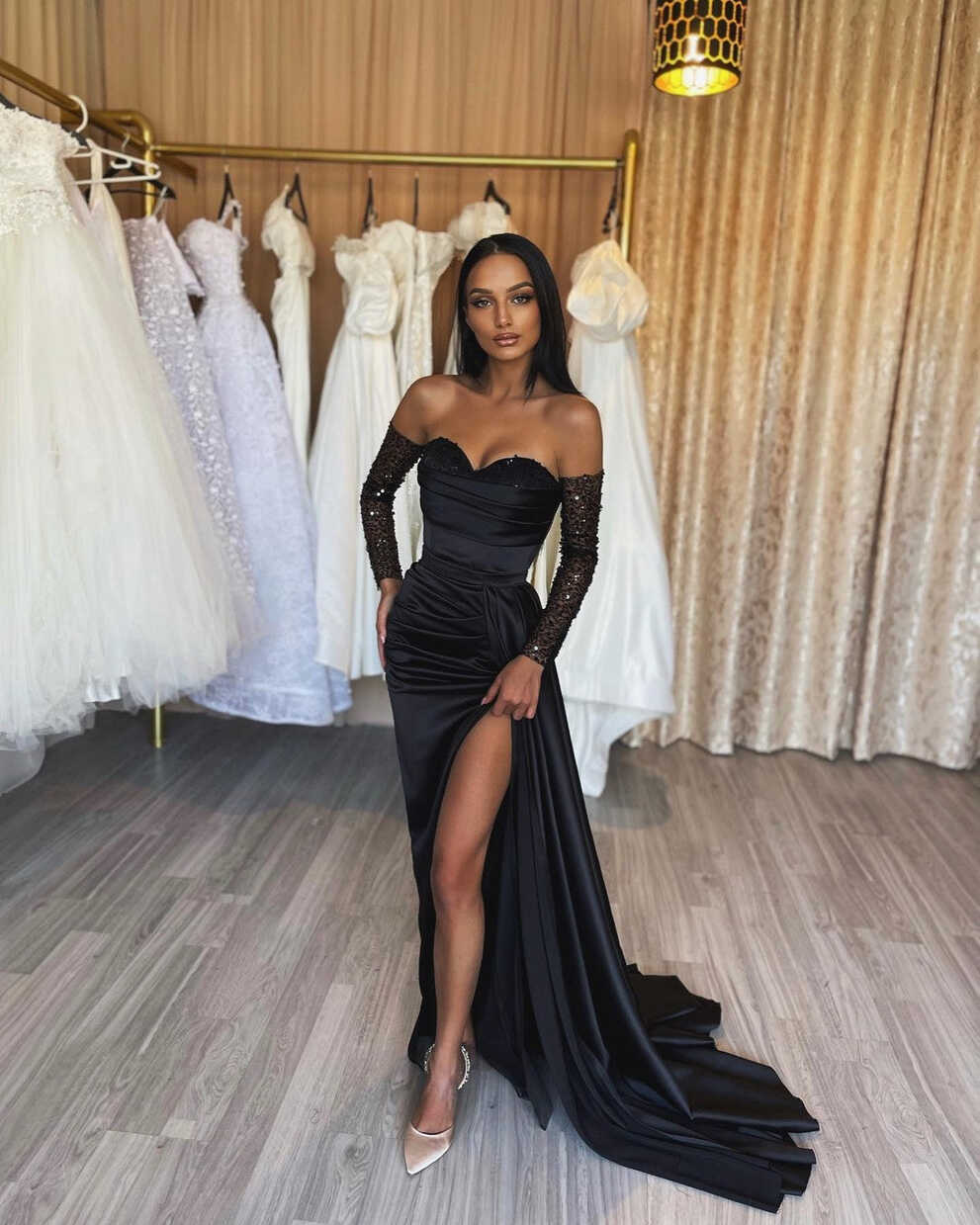 Off the Shoulder Long Sleeves Beads Black Prom Formal Evening ...