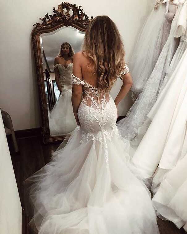 Off the Shoulder Mermaid Wedding Dress with Lace, Long Tulle ...