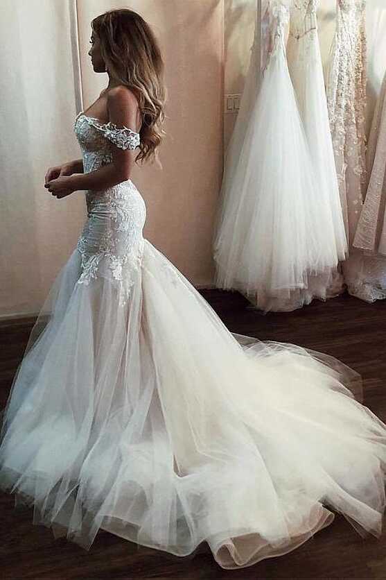 Off the Shoulder Mermaid Wedding Dress with Lace Long Tulle Bridal ...