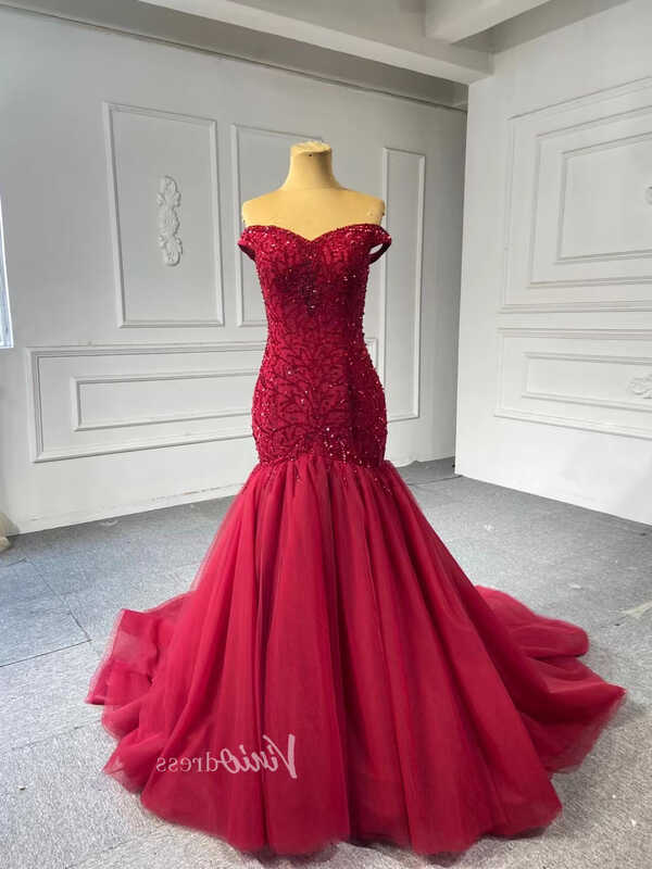 Off the Shoulder Red Mermaid Pageant Gown Beaded Wedding Dresses ...