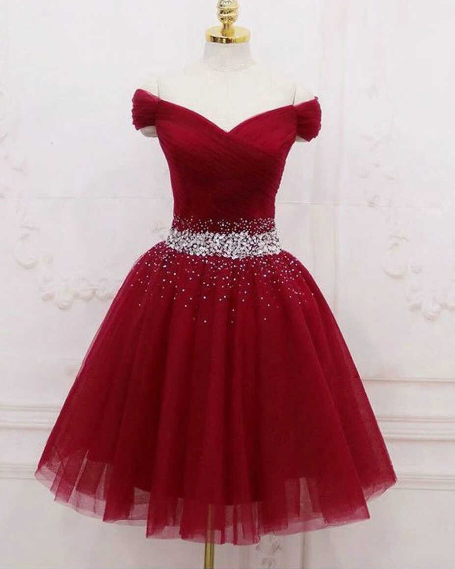 Off the Shoulder Red Short Homecoming Dress Beaded Tulle Lace Up ...