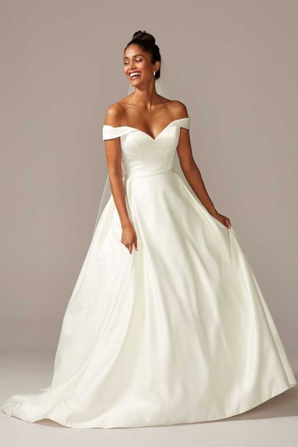 Off the Shoulder Satin Ball Gown Wedding Dress | David&#39;s Bridal