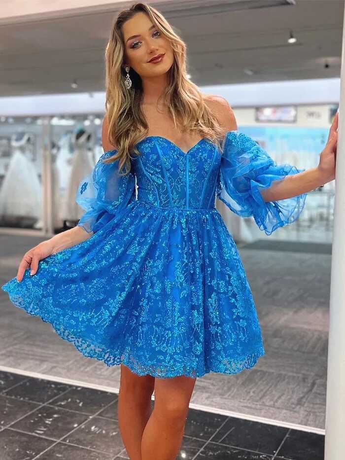 Off the Shoulder Short Blue Lace Prom Dresses, Off Shoulder Short ...