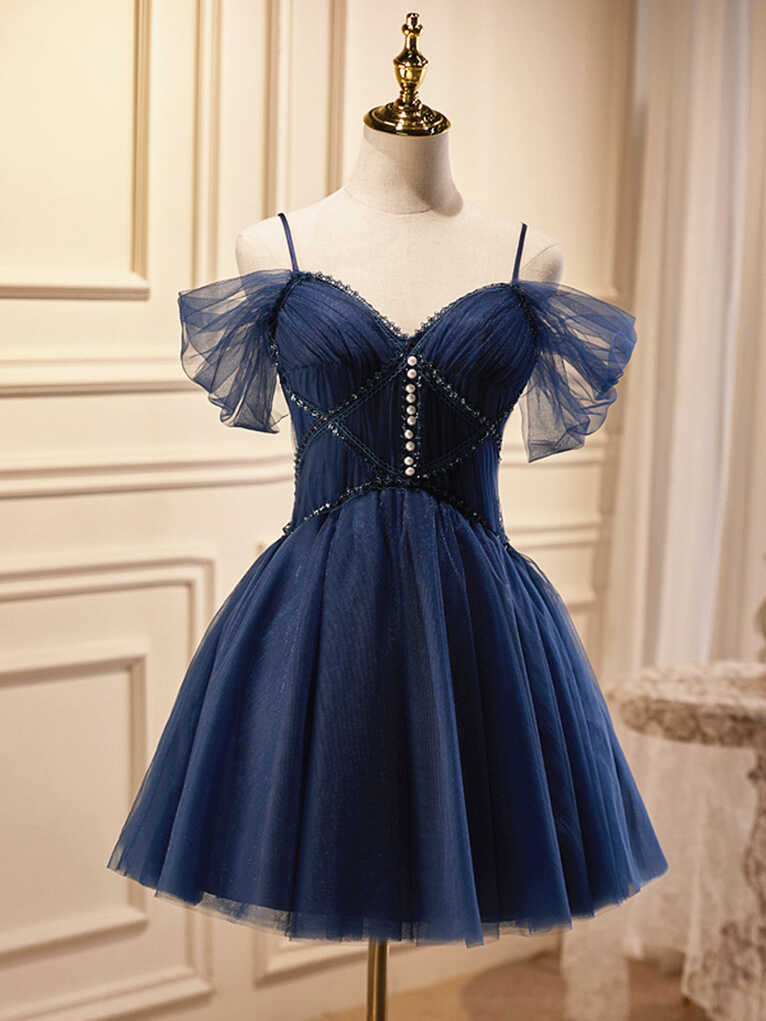 Off the Shoulder Short Navy Blue Prom Dresses, Dark Blue Off ...