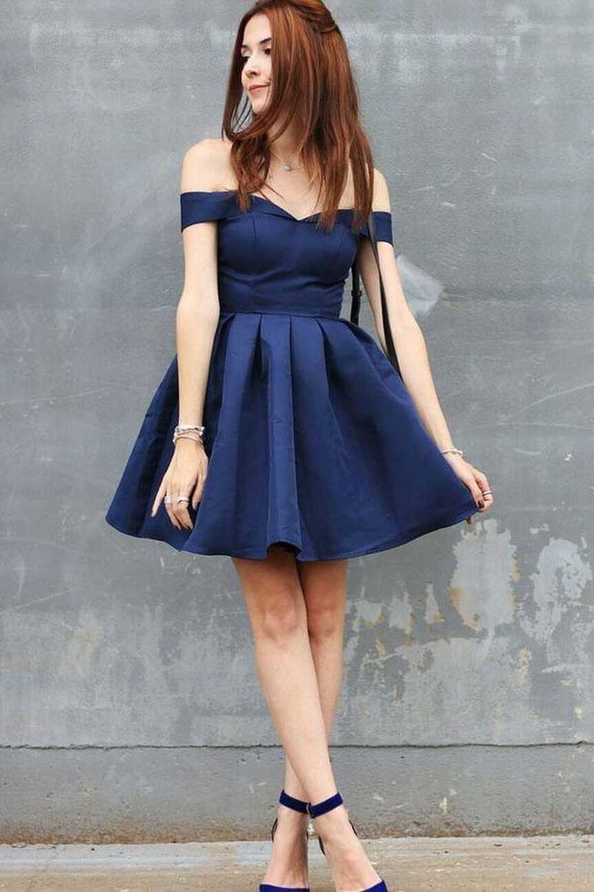 Off-the-Shoulder Short Royal Blue Satin Sleeveless Homecoming ...