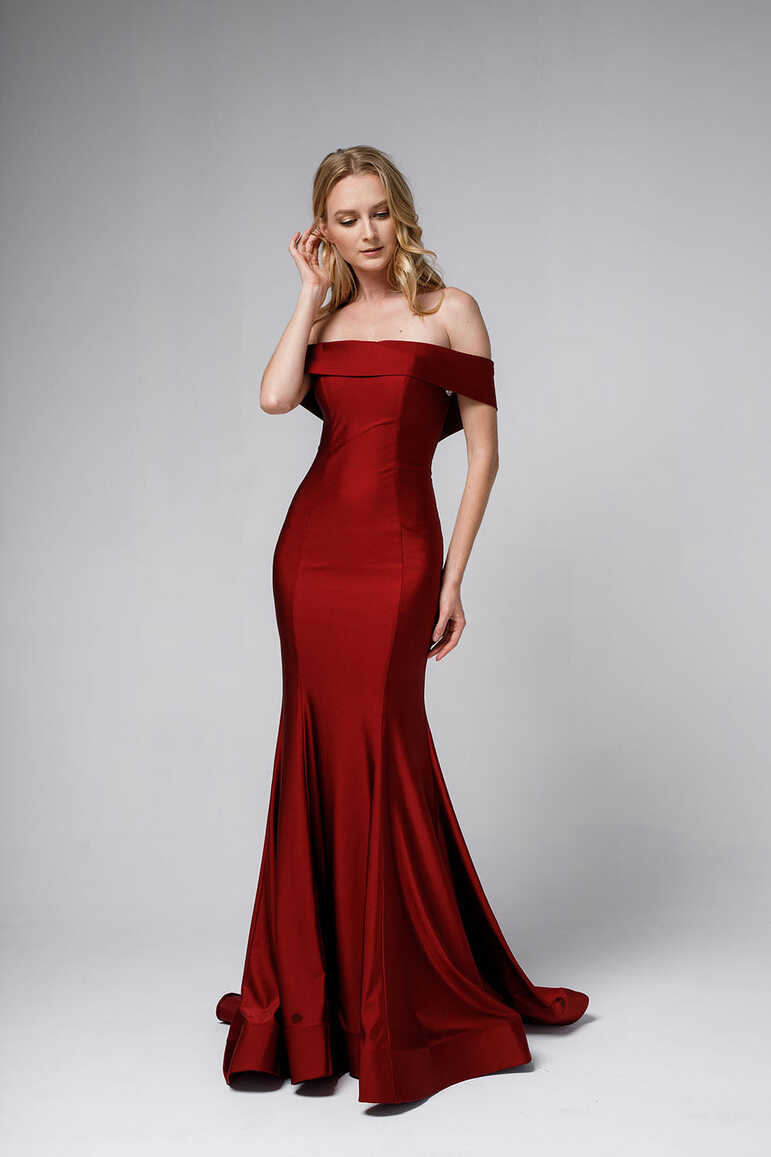 Off-the-Shoulders Satin Fitted Burgundy Evening Dress AC373 ...