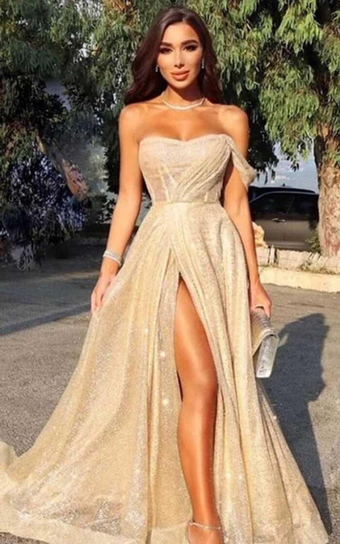 Off-the-shoulder A-Line Beach Prom Dress with Split Front Casual ...