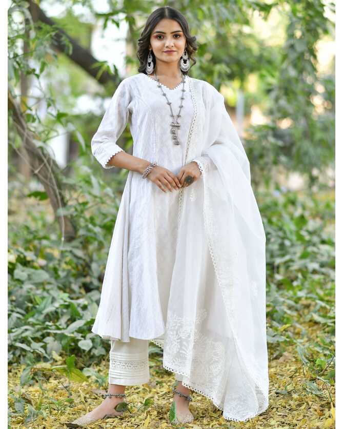 Off white jacquard cotton anarkali kurta set - set of three by ...