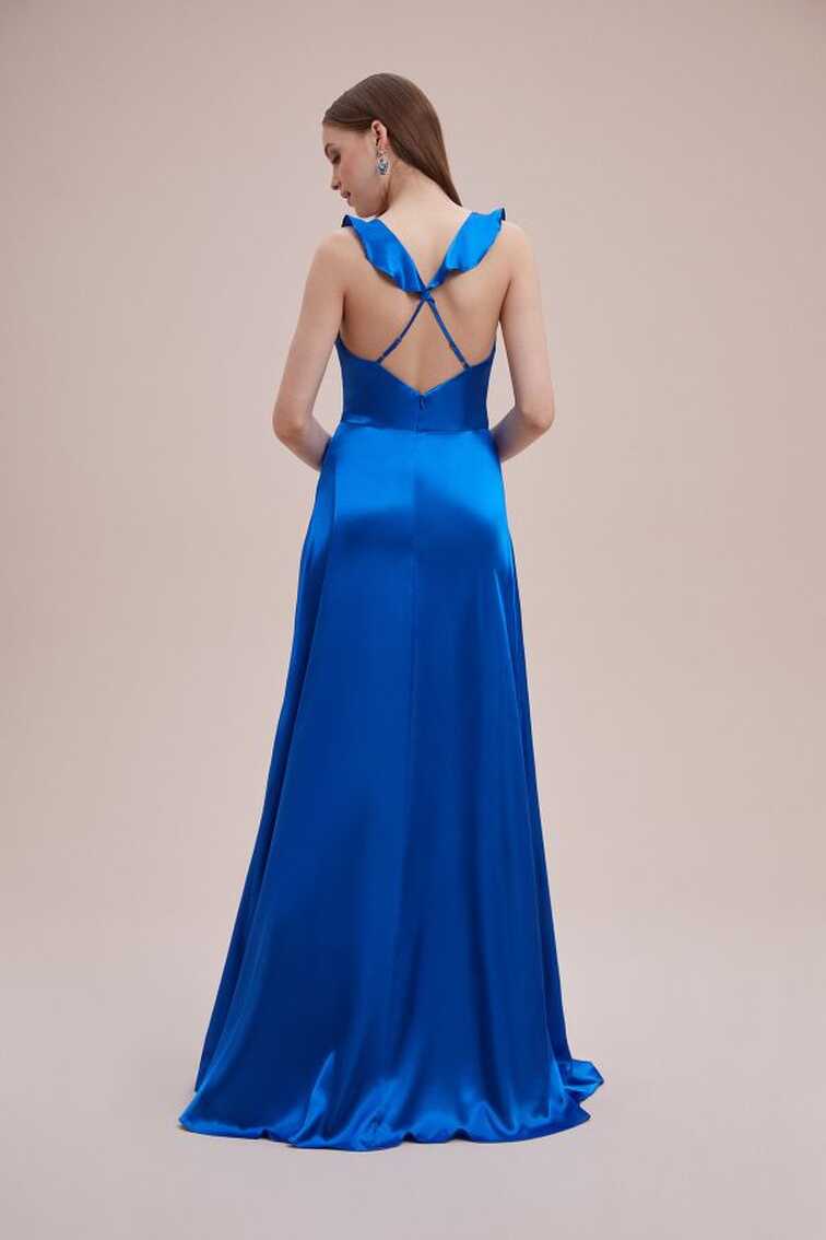 Oleg Cassini Neon Blue Strappy V-Neck Satin Long Dress - Trendyol