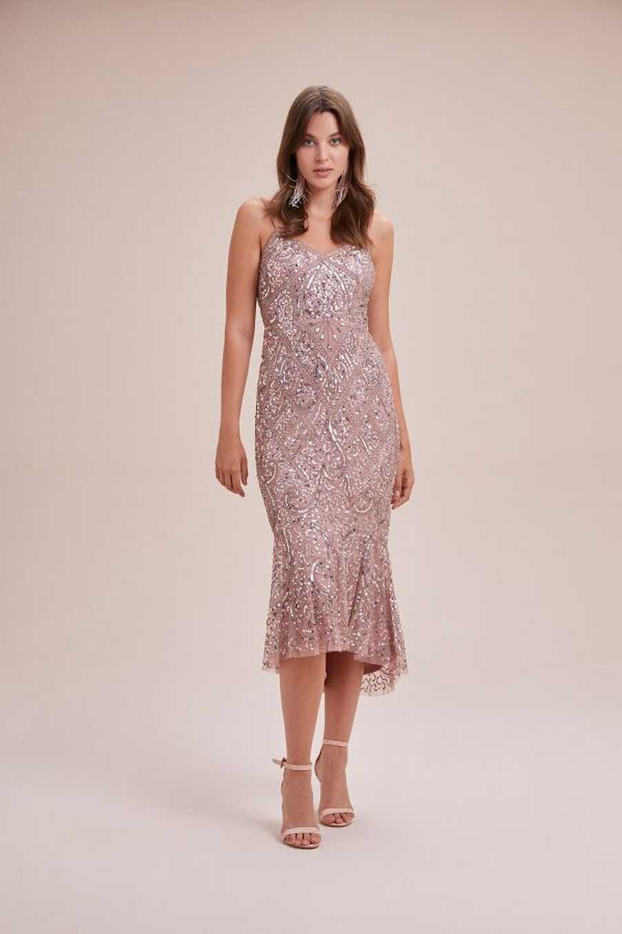 Oleg Cassini Rose Gold Sequin Embroidered Thin Strap Midi Dress ...