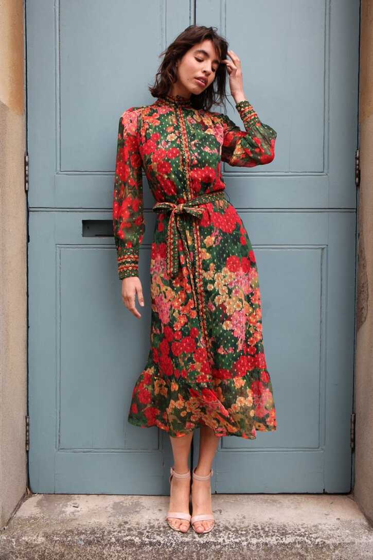 Olive Floral Long Sleeve Belted Shirt Midi Dress In Dark Orange ...