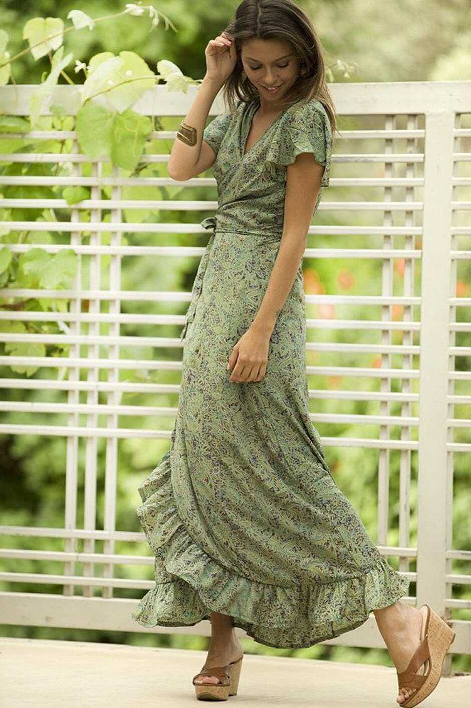 Olive Green Summer Maxi Dress, Floral Romantic Wrap Dress, Women ...